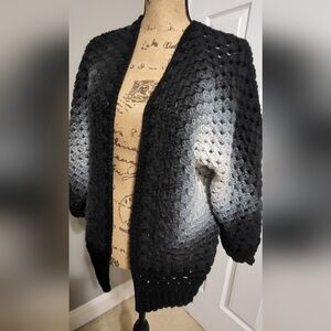Brand New Handmade Crocheted Cardigan Granny Square Grey Black Ombre Boho Dark